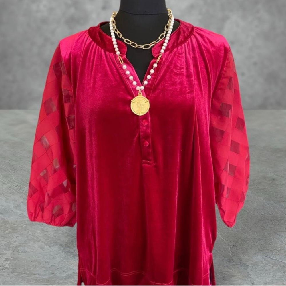 Omgee Sheer red sleeve velvet top